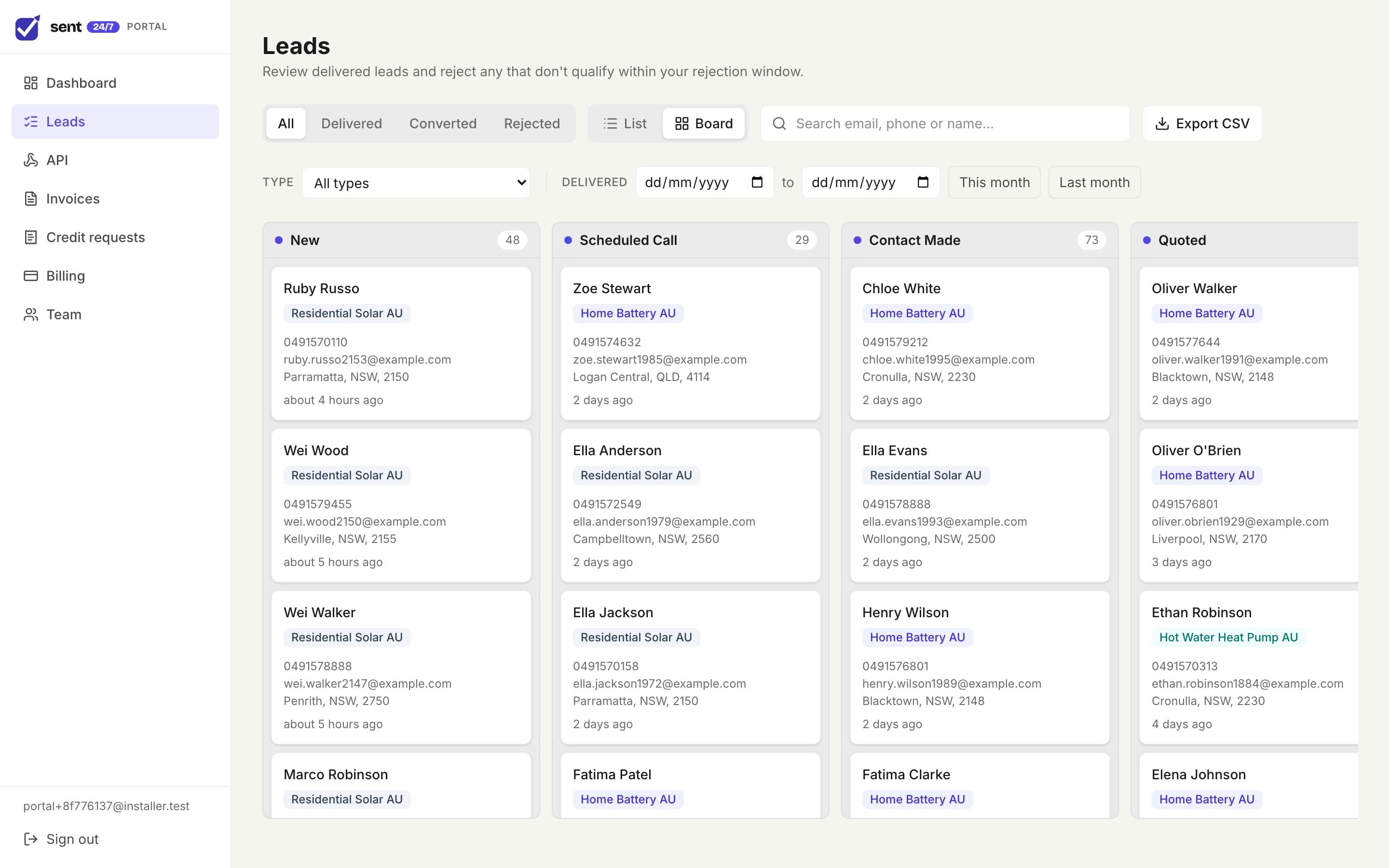 The buyer portal: leads arranged on a board by stage, from New and Scheduled Call to Contact Made and Quoted.